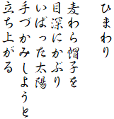 ひまわり

麦わら帽子を
目深にかぶり
いばった太陽
手づかみしようと
立ち上がる